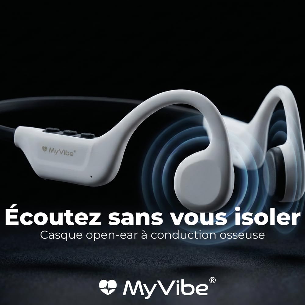 MYVIBE is Powerful Casque à Conduction Osseuse Sport Bluetooth - Écouteurs Oreilles Libres IPX5 Étanche, 9H Autonomie, Ultra Léger 28g - Idéal Running, Randonnée, Fitness & Urbain (Blanc)