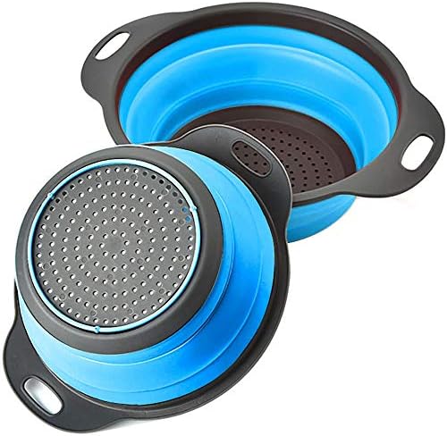 Rikivt Collapsible Colander Set, Dishwasher-Safe & Space-Saving Kitchen Strainers for Pasta, Vegetables, Fruits, 1 PC 4 Quart and 1 PC 2 Quart Folding Round Silicone Colander (Blue)