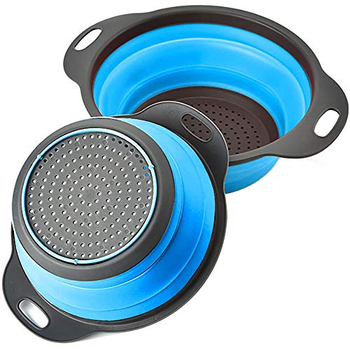Rikivt Collapsible Colander Set, Dishwasher-Safe & Space-Saving Kitchen Strainers For Pasta, Vegetables, Fruits, 1 Pc 4 Quart And 1 Pc 2 Quart Folding Round Silicone Colander (Blue) #TOP14
