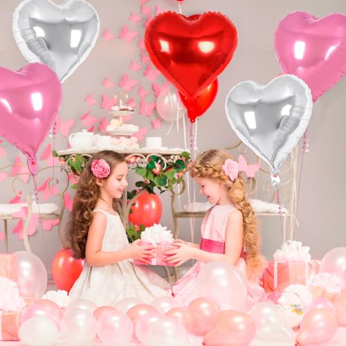 Image of 30 Pcs Red Pink and Silver Heart Balloons, 3 Sizes Heart Foil Mylar Balloon, Valentine Day Party Decorations, Love Balloon Valentine Balloons for Birthday Party Wedding Baby Shower
