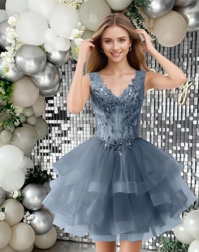 Aoruisen Sleeveless Tulle Homecoming Dresses V Neck Lace Appliques Mini Prom Cocktail Dress4