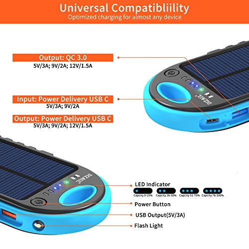 dizaul Solar Charger, 10000mAh Wireless Solar Power Bank, 18W Power Delivery USB C Charger, Type C Input & Output, QC 3.0 & PD Fast Portable Charger Compatible with iPhone, Samsung and More - Thumbnail 5
