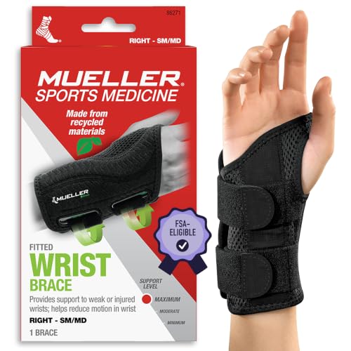 MUELLER Sports Medicine Green Fitted Wrist Brace for Men and Women, Wrist Pain Relief Support, Ideal for Carpal Tunnel, Tendonitis, Arthritis, Right Hand, Black, Small/Medium