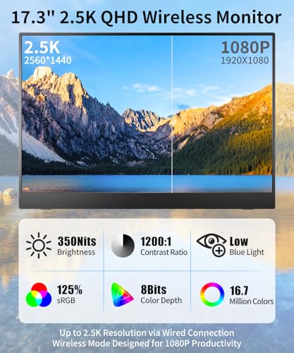 Image of 17.3 inch Wireless Portable Monitor for Laptop with Battery, 2.5K IPS | AirPlay & Miracast, Up to 3.5H Battery, Works with Laptop /Phone /Tablet, Auto-Rotation, Second Screen for Travel /Office /Home