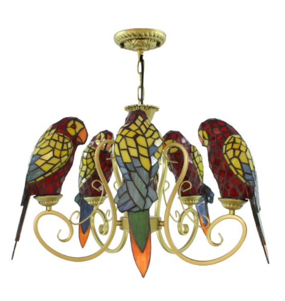 OUBBDVRT Vintage Stained Glass Chandelier Tiffany Parrot Light 5 Heads Bird Pendant Light Multi Colored Victorian Parrot Chandeliers for Dining Room Bedroom Foyer, Red