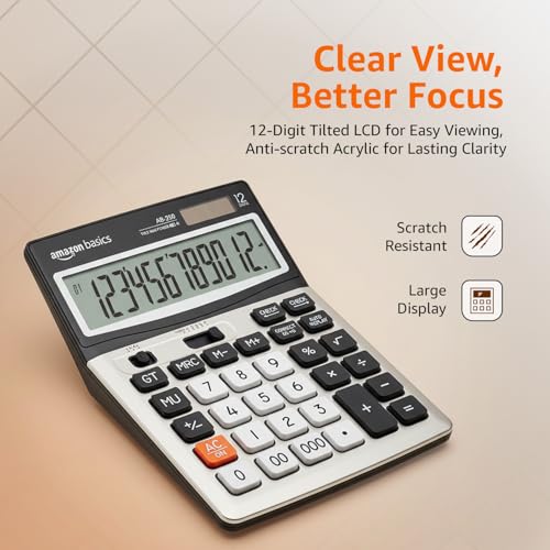 Image of Amazon Basics 12-Digit Desktop Calculator | 127mm Large Tilted LCD| 112-Step Check & Correct | Dual Power Solar & Battery | Anti-Scratch LCD | 000 & F-Cut Keys | Black
