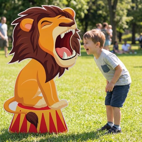 Image of Qunclay 4ft Circus Lion Cardboard Cutout Carnival Party Decoration Life Size Lion Photo Booth Prop Stand up Display Backdrop Decor for Carnival Birthday Party Supplies