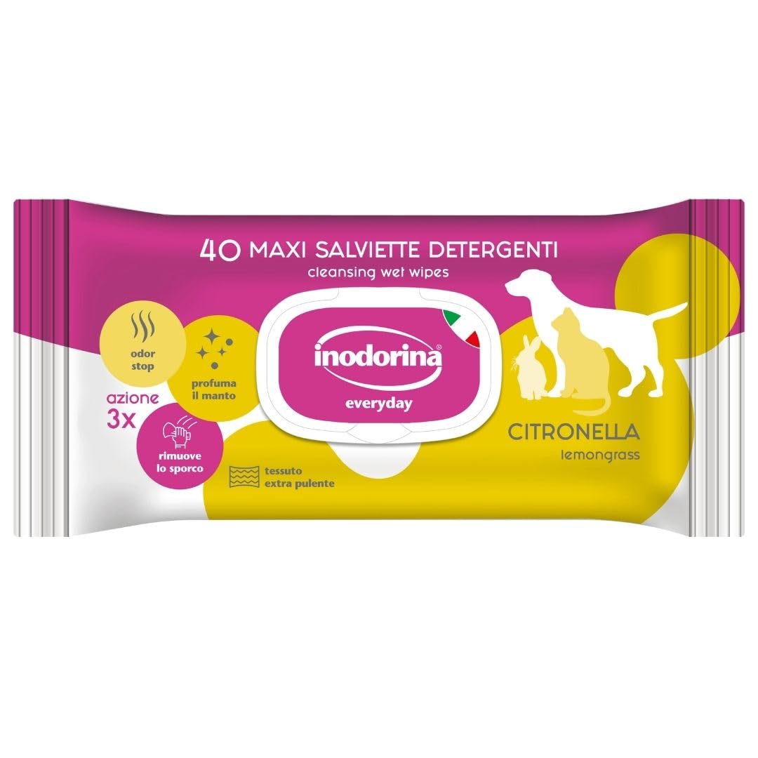 Inodorina Salviette per Cani, Gatti e Cuccioli Everyday (12 Confezioni da 40 Pezzi, Citronella) – Salviettine per Animali in Tessuto Resistente con Odor Stop – Azione idratante ed emolliente