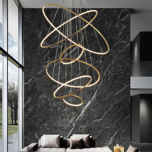 Lustre à anneau LED pour grand escalier et salon de villa contemporaine