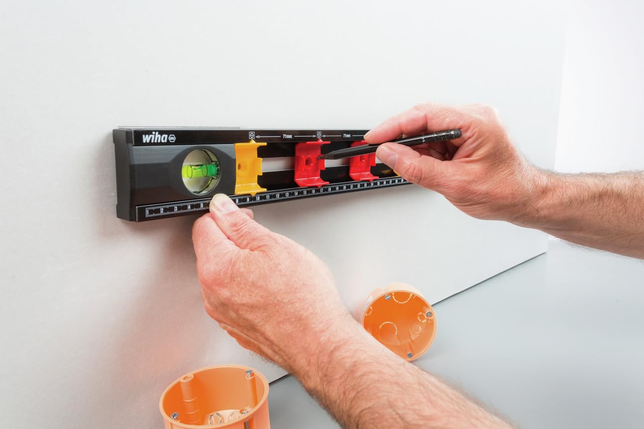 Wiha Nivel de burbuja de aire para electricistas de 40 cm (42074) | (42074) Para instalación eléctrica, marcas de distancia cajas empotradas + tabique hueco I herramienta electricista
