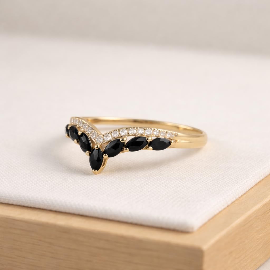 Black Marquise Onyx Ring 14K Solid Yellow Gold V Shaped Wedding Band with Diamond Accents Minimalist Crown Stacking Ring for Women Statement Fine Jewelry Gift