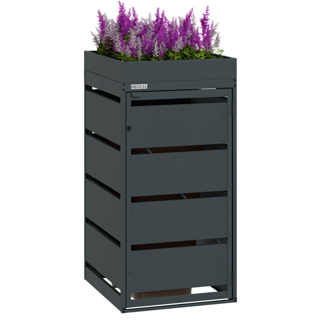 Classic Flora | Mülltonnenbox 1er für 120l mit Pflanzdach - Mülltonnenverkleidung aus verzinktem Stahl in Anthrazit, robuster & wetterfester Mülltonnenunterstand