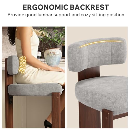 Image of Bar Stools Set of 6, Upholstered Counter Height Bar Stools, Mid Century Modern Counter Stools with Curved Backrest, Solid Wood Legs, 26 inch Bar Chairs for Kitchen Island Bar, Light Grey