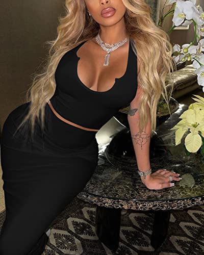 Women Sexy Two Piece Skirt Outfits Long Sleeve/Sleeveless V Neck Bodycon Ribbed Knitted Maxi Club Party Dress2