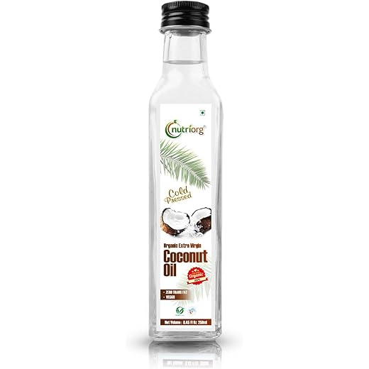 Nutriorg Cold Pressed Extra Virgin Coconut Oil 250 ml | 100% Pure & Organic | For Cooking, Skin & Hair | Rich Tropical Aroma | Multi-Purpose Use | Non-GMO