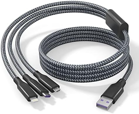 Multi Charging Cable 3M Nylon Braided Cord 3 in 1 USB charger Cable 10Ft Multiple Ports with Lightning Type C Micro USB Connectors for iPhone Android Cell Phones Tablets Universal Use Charging Only