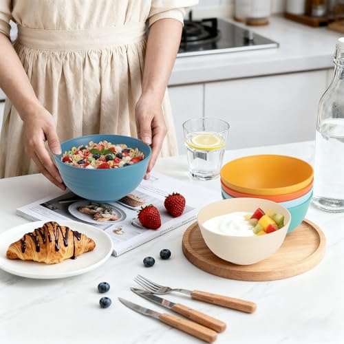 Image of Wheat Straw Bowls, 26 OZ Cereal Bowls Set of 6, Unbreakable Salad and Soup Bowls for Kitchen, Microwave & Dishwasher Safe Bowl Set, Plastic Camping Bowl - Multi