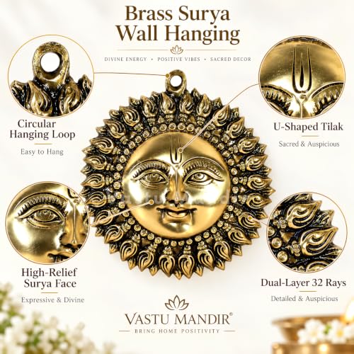 Image of Solid Brass Sun Face Wall Idol, Vastu Remedy (6 Inch, 750 g)