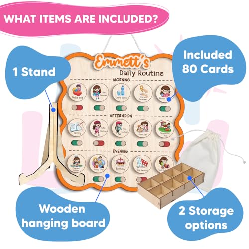 Image of Personalized Wooden Chore Chart for Kids, Daily Routine Chart for Toddlers, Visual Schedule for Kids Age 3-5, Morning Bedtime Routine for Girls (06)