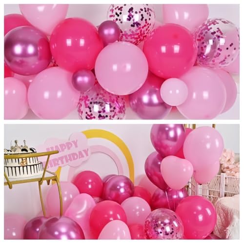 Image of Pink Balloons, 12 Inch Metallic Hot Pink Chrome Magenta Heart Balloons Birthday Party Decorations, Baby Confetti Balloon for Valentines Day Girls Happy Birthday Decoration Princess Party