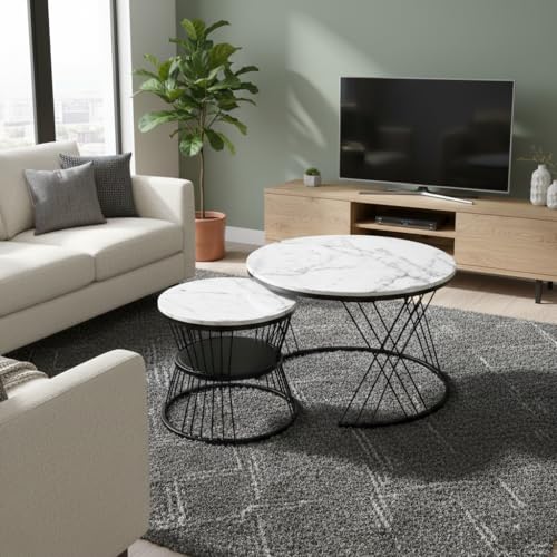 Image of The Round Coffee Table and The Stacking Tea Table with a Gold Metal Frame are Two Versatile Modern Center Tables That Look Great in Living Rooms (XS Black;White)