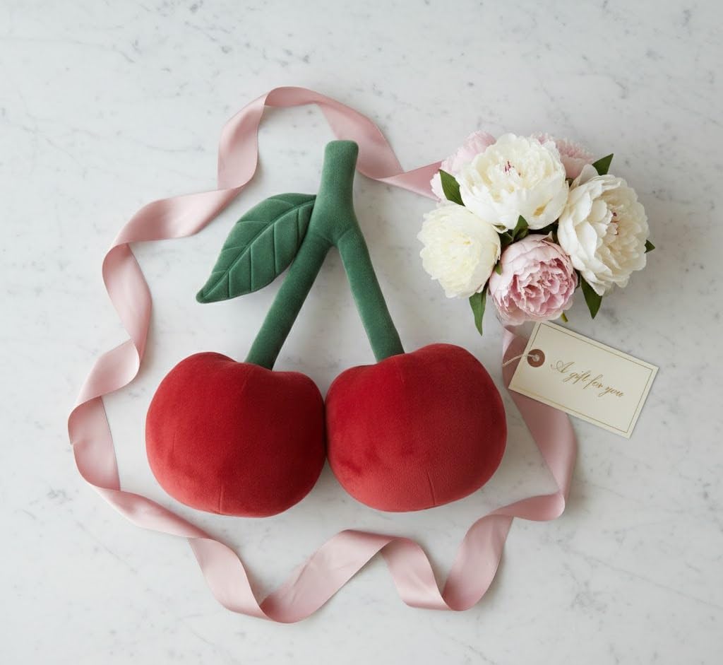 Cherry Pillow for Preppy Room Decor –17x14 In 3D Decorative Cherry Throw Pillow in Luxe Velvet –Shape Hold Fill Fruit Cushion with Sculpted Stem & Embroidered Leaf for Sofa & Aesthetic Home Decor ,Red