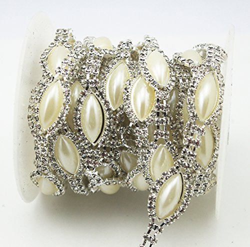 AEAOA 1 Yard 2 Rows Oval Stunning Rhinestone Pearl Chain Applique Costume Sewing Trims Applique Embellishment Wedding Dress Decoration (LZ214)