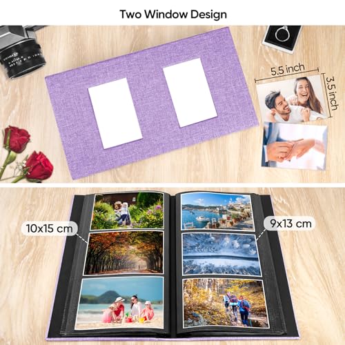 MSTONAL Photo Album 4x6 300 Pockets for Wedding Gifts, Linen Hardcover Memory Book with Front Window for Family Anniversary School Baby Travel Pictures Holds 300 Horizontal Photos, Purple — view 3