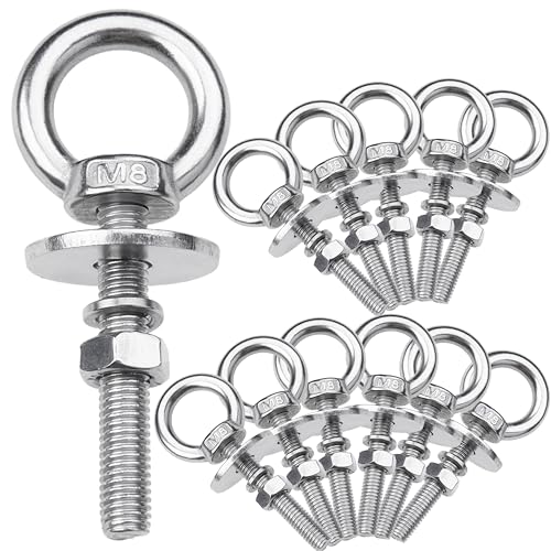 Image of 12 Pack M8 Stainless Steel Eye Bolts with Nuts,5 /16 inch x 2 inch Eye Bolts | 304 Stainless Steel Eye Bolt,Eye Bolts Heavy Duty for Hang Tie Down Outdoor,m8 eye bolt,Long Lifting Ring Eye Bolt