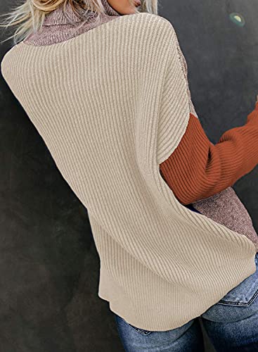 Dokotoo Womens Autumn Soft Warm Cowl Neck Turtleneck Color Block Chunky Cozy Long Sleeve Cable Knit Pullovers Sweaters L #TOP11