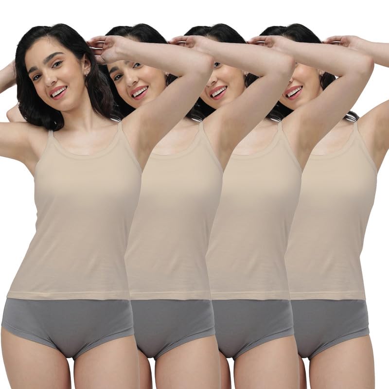 Image of Amul Comfy Women's Pure Cotton Camisole with Fabric Strap and Stay Fresh Treatment Pack of 4(Assorted Colours May Vary)
