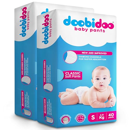 Image of Doobidoo Classic Baby Diaper Pants - S Size | High Absorbency with Cotton Bubble Soft Topsheet, Anti-Leak Side Cuffs & Rash-Free Comfort | Gentle Protection (4-8 kg) - Pack of 2 | 80 Count