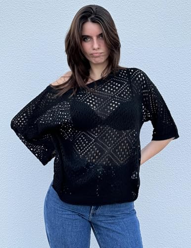 Zeagoo Women's 2025 Spring Summer Crochet Top Hollow Out 3/4 Sleeve Sweater Off Shoulder Beach Knit Coverup4