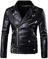 PASOK Men's Slim Fit PU Faux Leather Motorcycle Biker Jacket - Punk Style Belted Zipper Coat for Riding