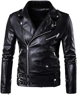 PASOK Men's Slim Fit PU Faux Leather Motorcycle Biker Jacket - Punk Style Belted Zipper Coat for Riding