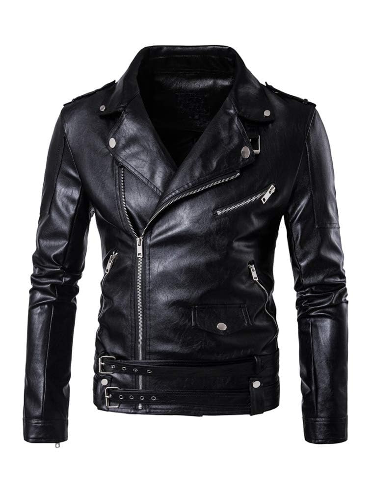 Men's PU Leather Jacket Causal Belted Faux Leather Motorcycle Jacket Zipper Biker Coat