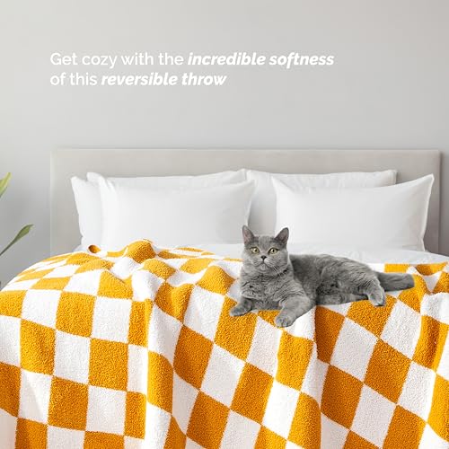 Image of Elegant Comfort Checkered Throw Blanket, Gold Super Soft Cozy Fluffy Warm Throw Blankets for Couch, Sofa, Chair, Bed, Camping, Picnic, Travel Lightweight Bed Blanket (50 inch x 70 inch)