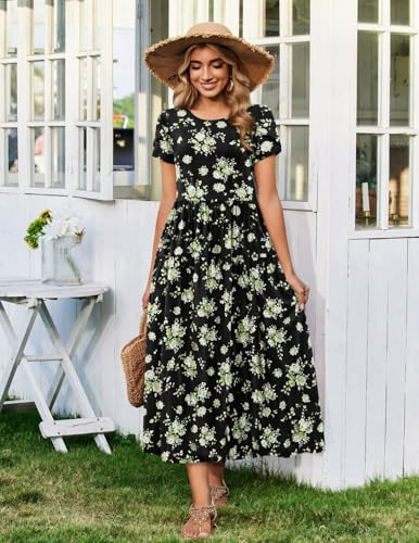 Image of Zeagoo Summer Dresses for Women 2026 Maxi Bohemian Floral Short Sleeve Long Dress Casual Flowy Tired Beach Sundress