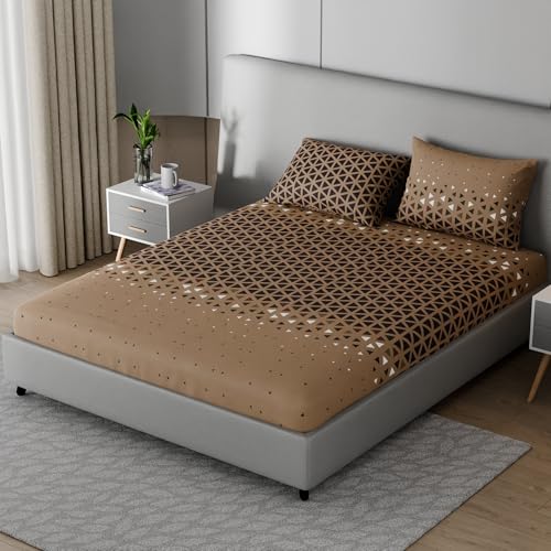 Image of BLISSHOME SoftTouch 150TC Cotton King Size Fitted Bedsheet with 2 Pillow Covers, Silky Smooth Bedding Set, Breathable, Easy Maintain, Geometric Pattern - Mocha Brown (183cm x 198cm + 25cm Drop)