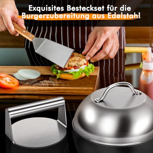 LEFUYAN Smash Burger Set 4-Teilig Burger-Set Edelstahl-Burgerpresse mit 50 Blatt Paraffinpapier Burgerglocke Melting Dome Burger Breite Spachtel Grill Zubehör für Outdoor und Indoor