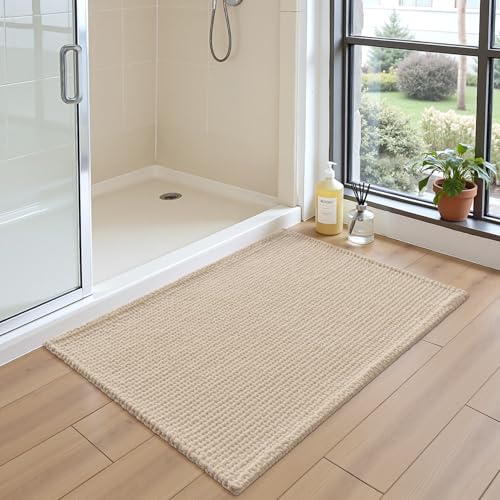 DEXI Chenille Badezimmerteppich 40 x 60 cm Beige, weiche und saugfähige Badematte mit Rutschfester Unterseite, waschbarer Badvorleger für Badezimmer, Dusche & Waschküche