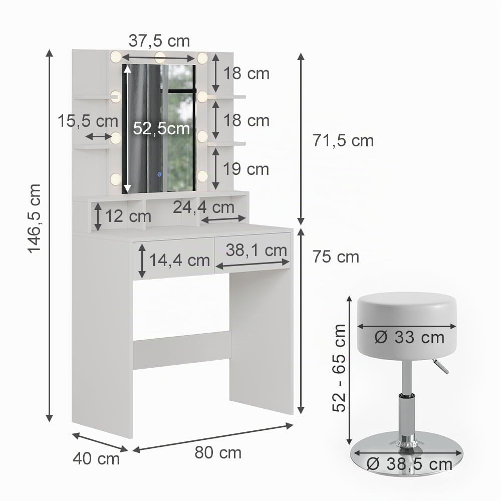 Vicco Tavolo da toeletta Taylor, Bianco, 80 cm con illuminazione LED e sgabello, con illuminazione LED e sgabello girevole regolabile in altezza