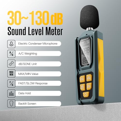 Decibel Meter, Goldeep SL750A Digital Sound Level Meter 30-130dB, A/C Weighted DB Meter with dB/SONE, Fast/Slow, MAX/MIN, LCD Sound Meter for Home, Office, Factory, Neighbor Noise - Ginger Yellow — view 2