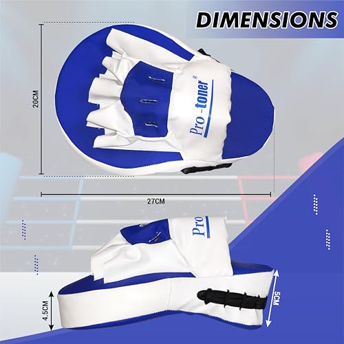 Image of Pro-Toner Boxing Focus Pads, Curved Maya Hide Leather, Hook and Jab Target Hand Pads, Black and White (Blue)