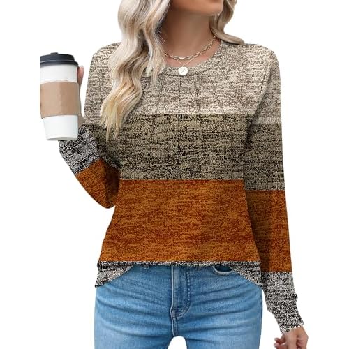 Kistore Women's Long Sleeve Tops Crew Neck Pleated Dressy Casual Blouses T Shirts Fall Clothes 2026 B6 Caramel Large
