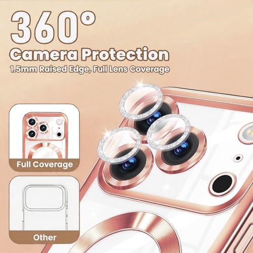 Image of Misscase for iPhone 17 Pro Case with Privacy Screen Protector, Built-in Lens Protector, Compatible with MagSafe, Anti-Yellowing Shockproof TPU, Bling Glitter Electroplated Cover 6.3 inch Pink