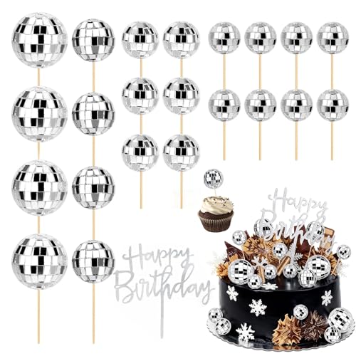 xolear 23 Pcs Discoteca Decorazioni per Torte Palline con Cartello Happy Birthday, 4 Taglie Palline Sfera Cake Topper Mini, DIY Topper Foam Ball Cupcake per Compleanno, Carnevale, Feste (Argento)