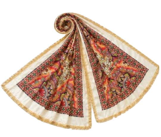Women's Chinon Printed Dupatta with Golden Lace Border | Ethnic Madhubani Art Design | Lightweight Decorative Stole for Kurti, Saree, Salwar Suit | Cream & Multicolor-image-5