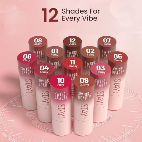Image of Swiss Beauty Stay All Day Lipstick | 12-Hour Stay | Transfer-Proof | Matte Finish | With Vitamin E & Shea Butter | Shade- 7. Sassy, 4g (1 Count)