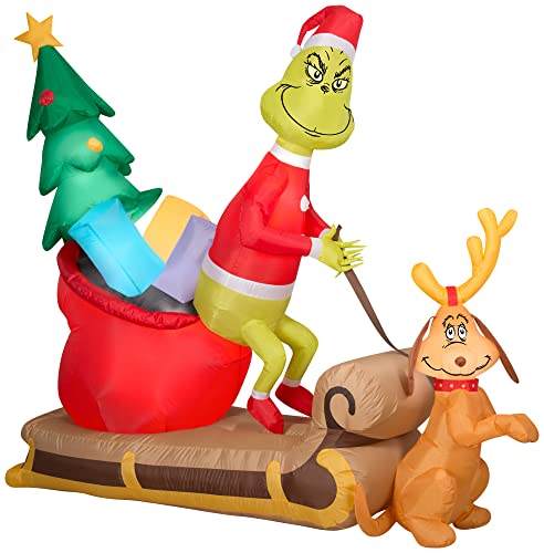 Gemmy Christmas Airblown Inflatable Grinch and Max w/Sleigh Scene Dr. Seuss, 5.5 ft Tall, Brown